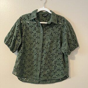 J Crew Eyelet Top Blouse Green 10 Boho Floral Preppy‎ Puff Sleeve Button Up Boho